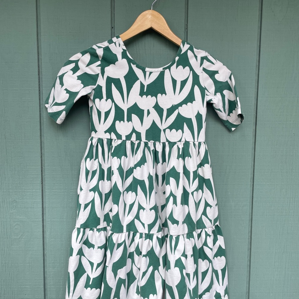 Hanna Andersson Dress 140cm Sz 10 Green with White Tulips
